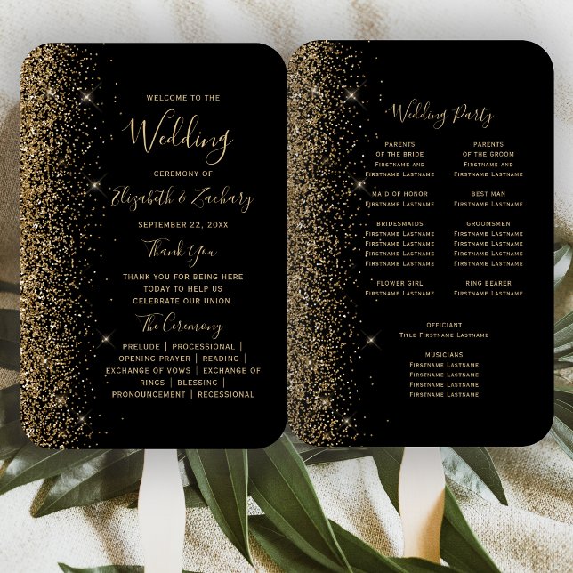 Abanico Programa de Boda con Borde de Brillo Dorado y Negr (Subido por el creador)