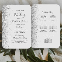 Abanico Programa de Boda con Borde de Brillo Plateado Gris