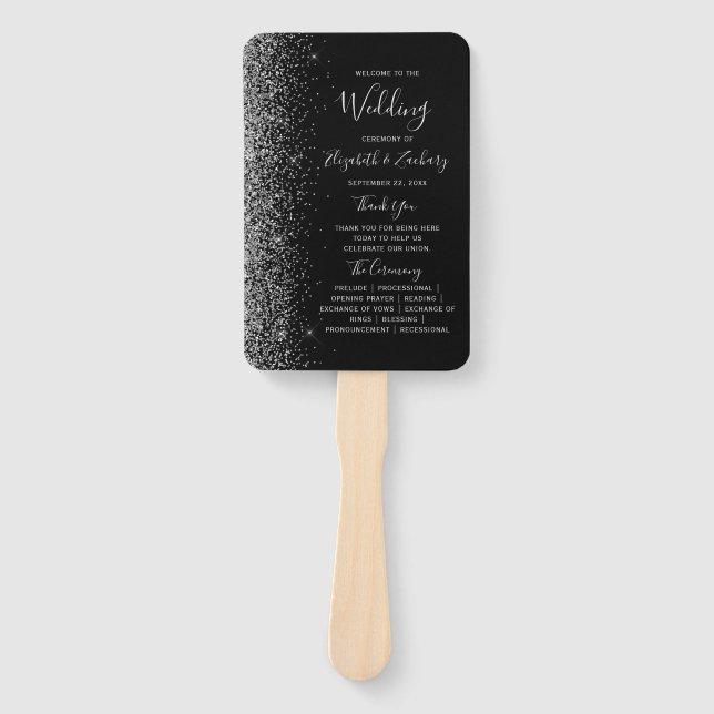 Abanico Programa de Boda con Borde de Brillo Plateado Negr (Anverso)