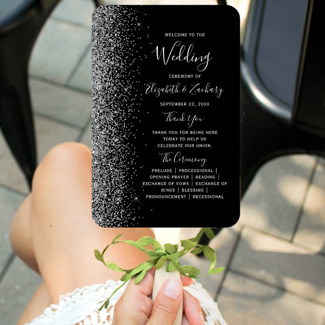 Abanico Programa de Boda con Borde de Brillo Plateado Negr (Subido por el creador)