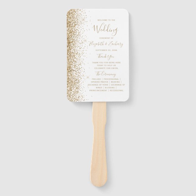 Abanico Programa de Boda con Borde de Purpurina de Oro Bla (Anverso)
