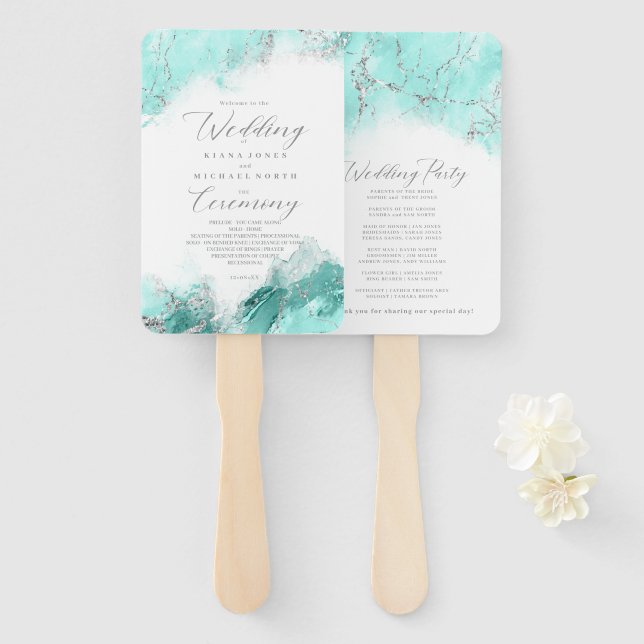 Abanico Programa de Boda con Brillo de Mármol Teal Plata I (Anverso y reverso)
