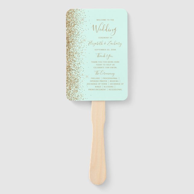 Abanico Programa de Boda con Brillo Dorado Verde Menta (Anverso)