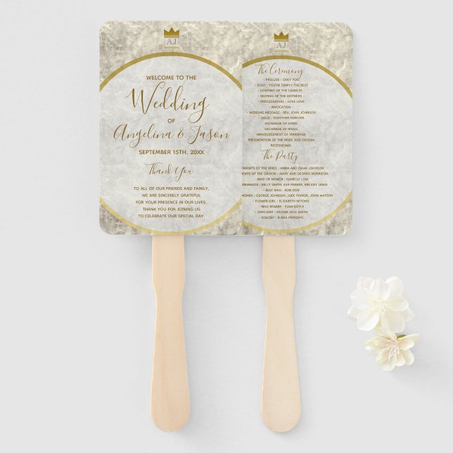Abanico Programa de Boda con Caligrafía Dorada (Anverso y reverso)