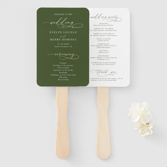 Abanico Programa de Boda con Caligrafía Oliva Verde (Anverso y reverso)