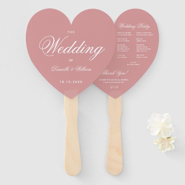 Abanico Programa de Boda con Corazón y Letra Elegante Rosa (Anverso y reverso)