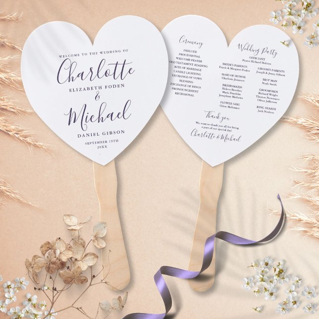 Abanico Programa de Boda con Corazón y Letra Morada (Purple Script Wedding Program Heart Hand Fan)