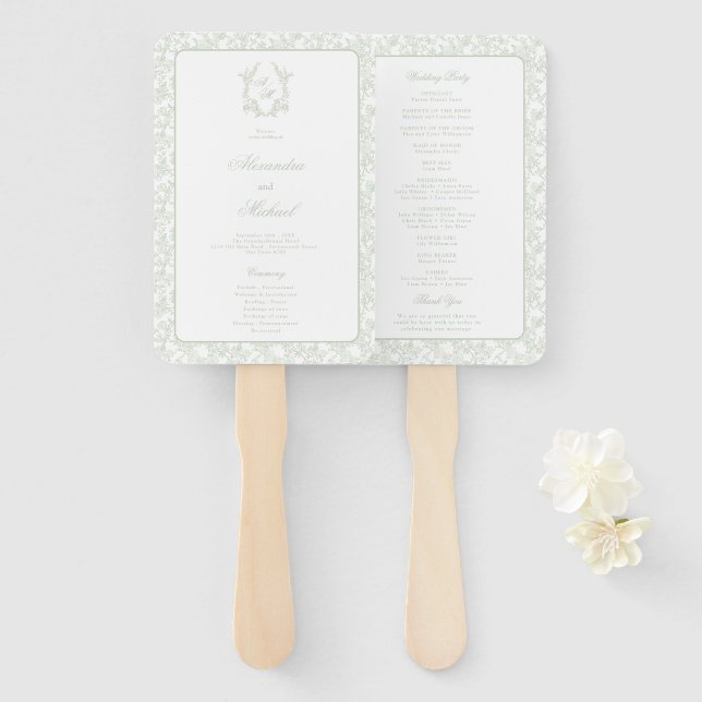 Abanico Programa de Boda con Cresta de Monograma de Toile  (Anverso y reverso)