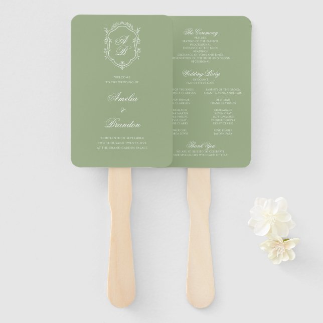 Abanico Programa de Boda con Cresta de Monograma en Verde  (Anverso y reverso)