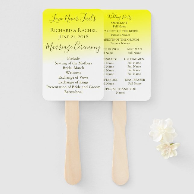 Abanico Programa de Boda con Degradado Amarillo y Blanco (Anverso y reverso)