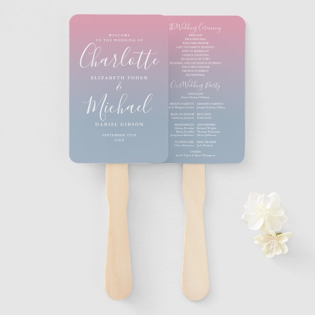 Abanico Programa de Boda con Degradado Rosa y Azul Polvori (Anverso y reverso)