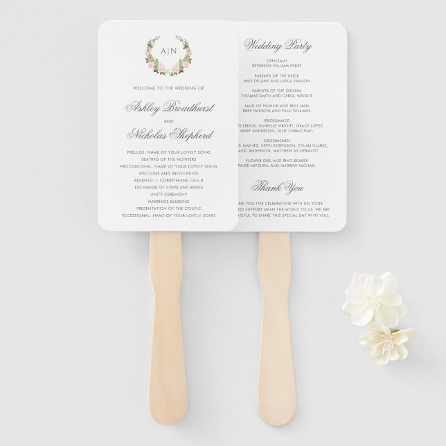 Abanico Programa de Boda con Escudo Floral de Acuarela Ele (Anverso y reverso)