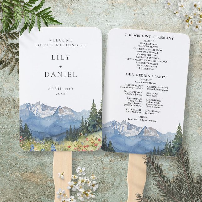 Abanico Programa de Boda con Flor Silvestre de Montaña en  (Watercolor Mountain Wildflower Wedding Program Hand Fan)