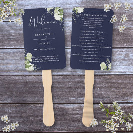 Abanico Programa de Boda con Floral Verde de Azul Marino
