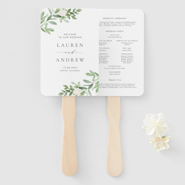Abanico Programa de Boda con Flores Blancas y Verdor en Or (Anverso y reverso)
