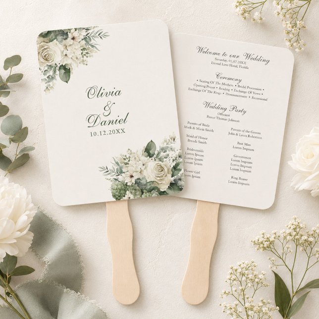 Abanico Programa de Boda con Flores de Verde Salvia y Marf (Boho Sage Green and Ivory Flowers Wedding Program Hand Fan on a table with flowers)
