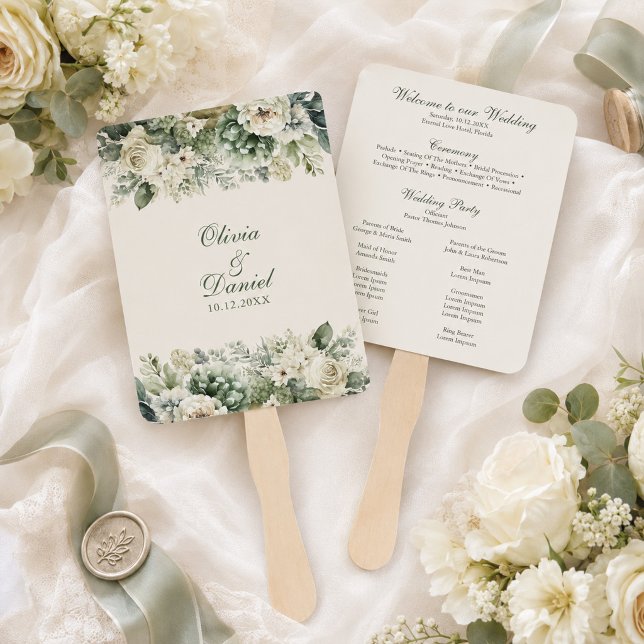 Abanico Programa de Boda con Flores de Verde Salvia y Marf (Boho Sage Green and Ivory Flowers Wedding Program Hand Fan with wedding decor and white flowers)