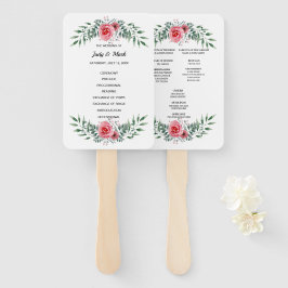 Abanico Programa de Boda con Follaje Verde y Rosas Rosadas