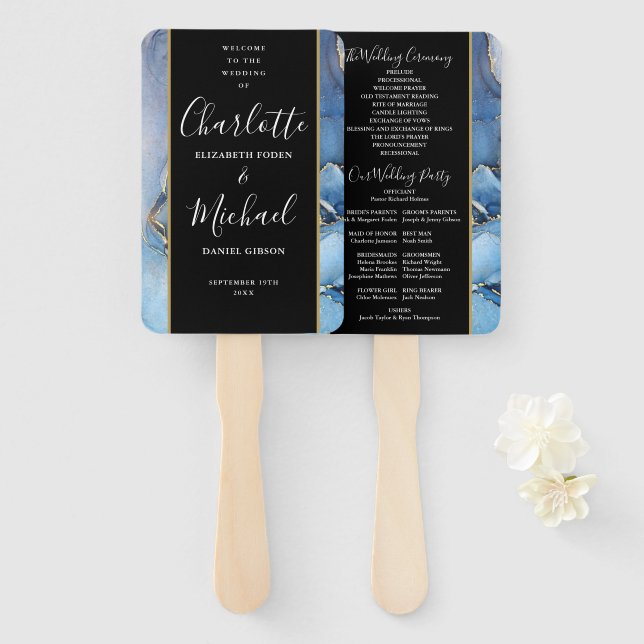 Abanico Programa de Boda con Guion de Firma Agata Azul (Anverso y reverso)