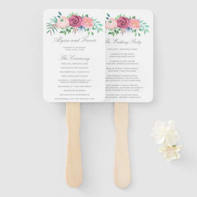Abanico Programa de Boda con Guirnalda Floral Rosa Románti (Anverso y reverso)