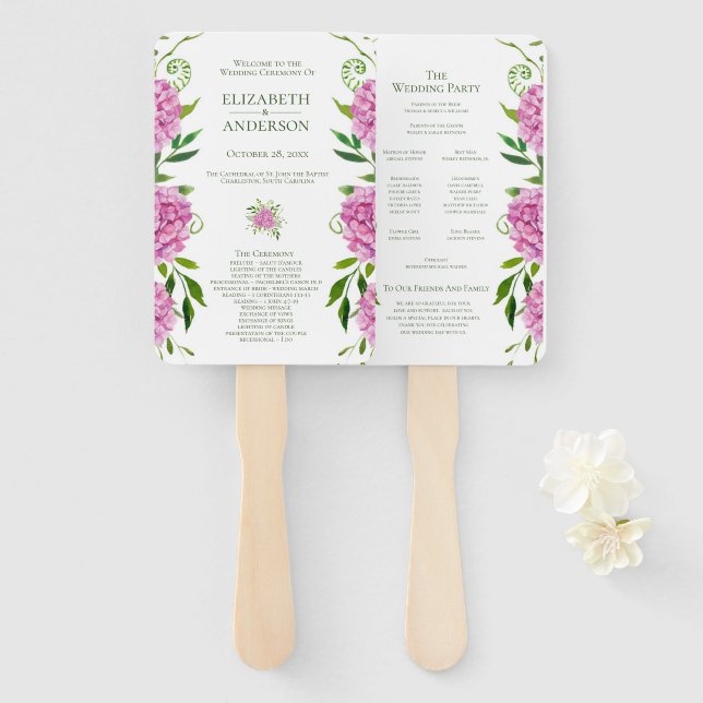 Abanico Programa de Boda con Hortensia Rosa (Anverso y reverso)