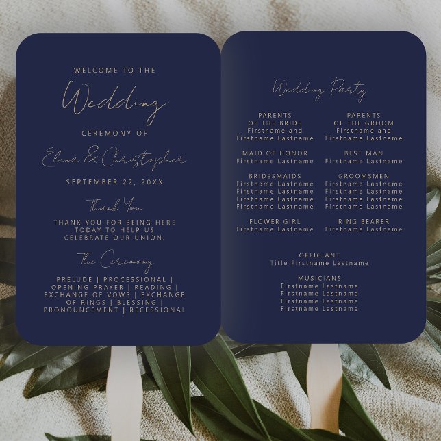 Abanico Programa de Boda con Letra a Mano en Azul Naval y  (Subido por el creador)