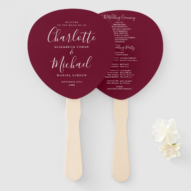 Abanico Programa de Boda con Letra Burgundy (Anverso y reverso)