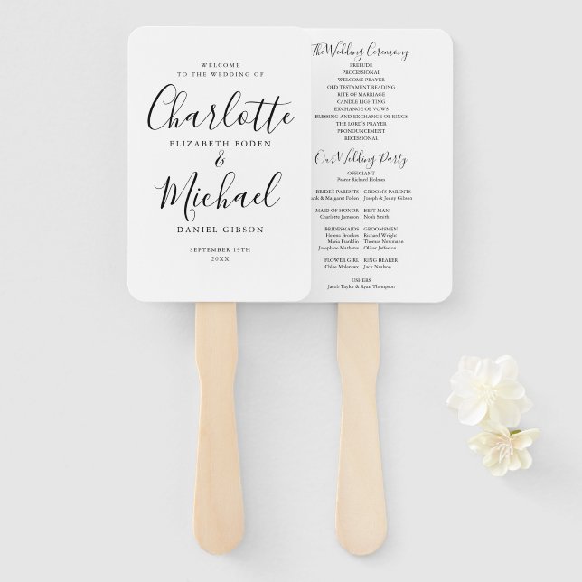 Abanico Programa de Boda con Letra de Firma en Blanco y Ne (Anverso y reverso)