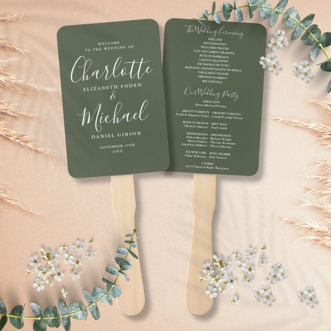 Abanico Programa de Boda con Letra de Firma en Verde Oliva (Olive Green Signature Script Wedding Program Hand Fan)