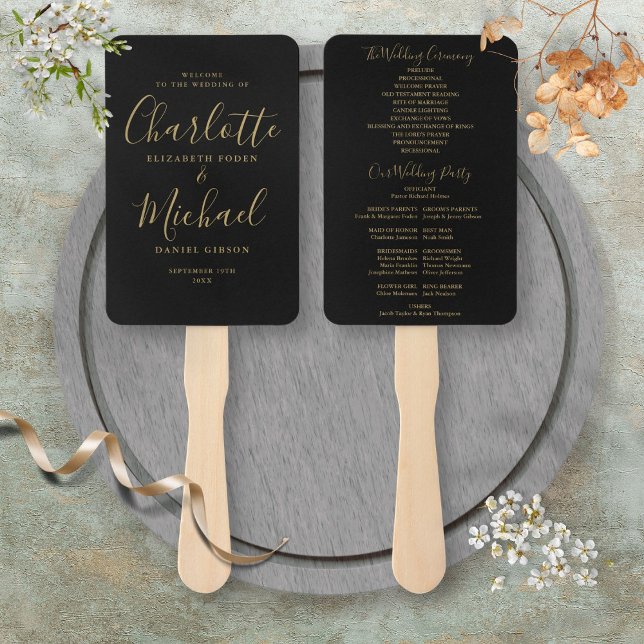 Abanico Programa de Boda con Letra de Firma Negra y Dorada (Black And Gold Signature Script Wedding Program Hand Fan)