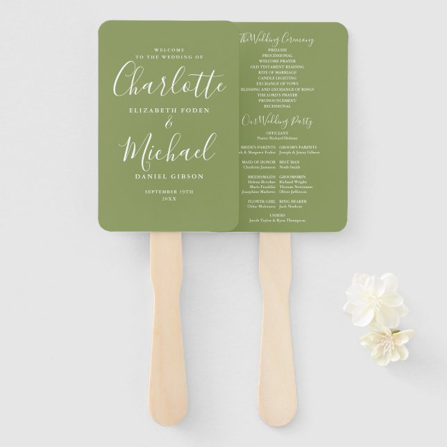 Abanico Programa de Boda con Letra de Firma Verde Musgo (Anverso y reverso)