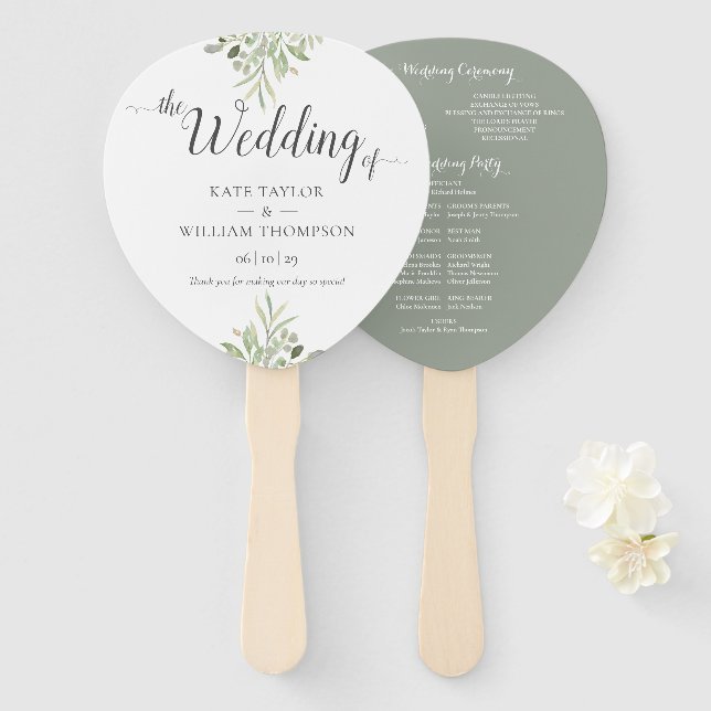 Abanico Programa de Boda con Letra de Vegetación Botánica (Anverso y reverso)