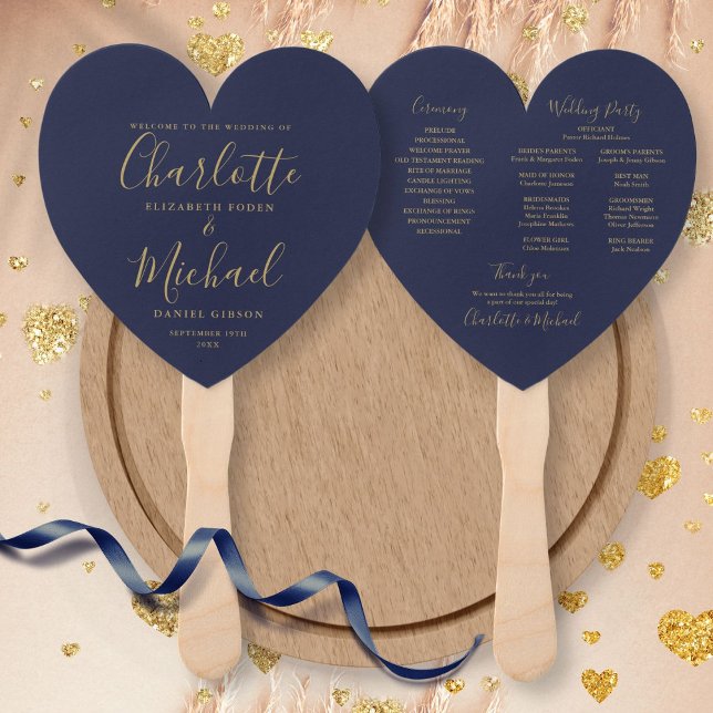 Abanico Programa de Boda con Letra Dorada y Azul Marino (Subido por el creador)
