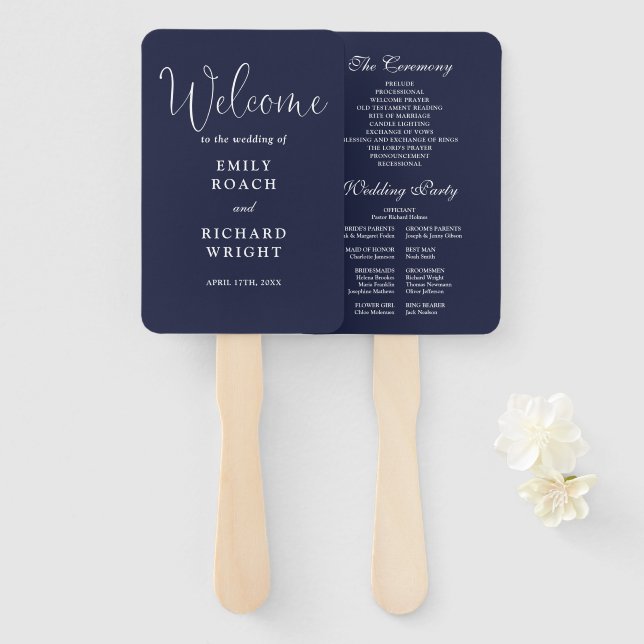 Abanico Programa de boda con letra elegante azul marino (Anverso y reverso)