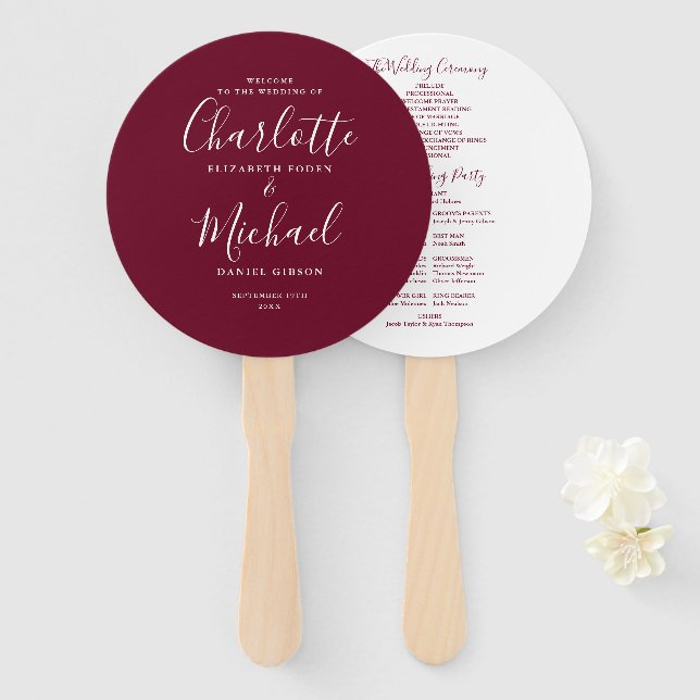 Abanico Programa de Boda con Letra Elegante de Borgoña (Anverso y reverso)
