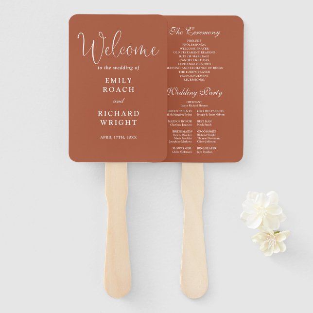 Abanico Programa de boda con letra elegante de terracota (Anverso y reverso)