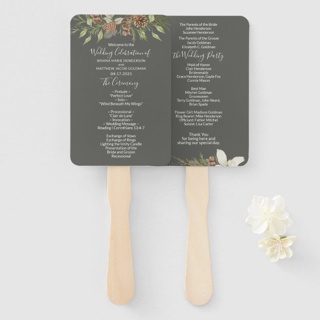 Abanico Programa de boda con letra elegante gris invierno (Anverso y reverso)