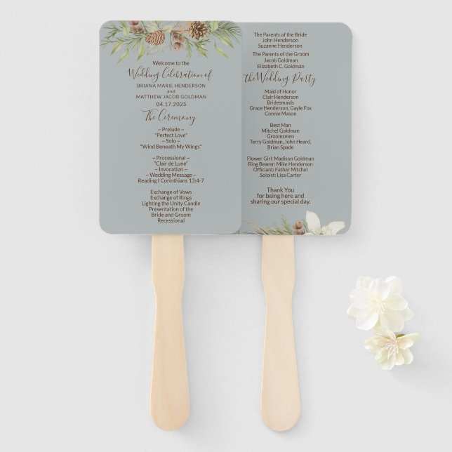 Abanico Programa de boda con letra elegante gris invierno (Anverso y reverso)
