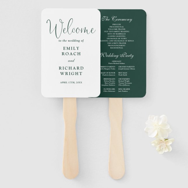 Abanico Programa de Boda con Letra Elegante Verde Esmerald (Anverso y reverso)