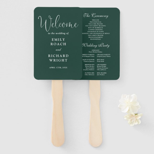 Abanico Programa de Boda con Letra Elegante Verde Esmerald (Anverso y reverso)