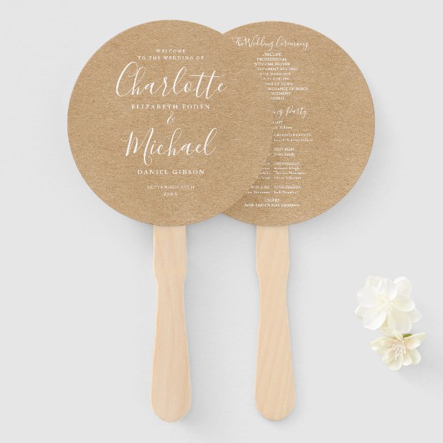 Abanico Programa de Boda con Letra Elegante y Kraft Rústic (Anverso y reverso)