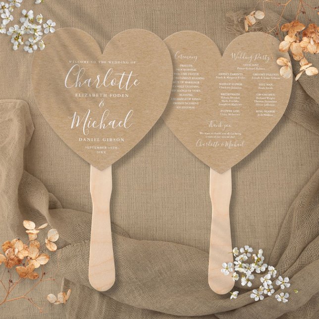 Abanico Programa de Boda con Letra Kraft Rústica Corazón (Rustic Kraft Script Wedding Program Heart Hand Fan)