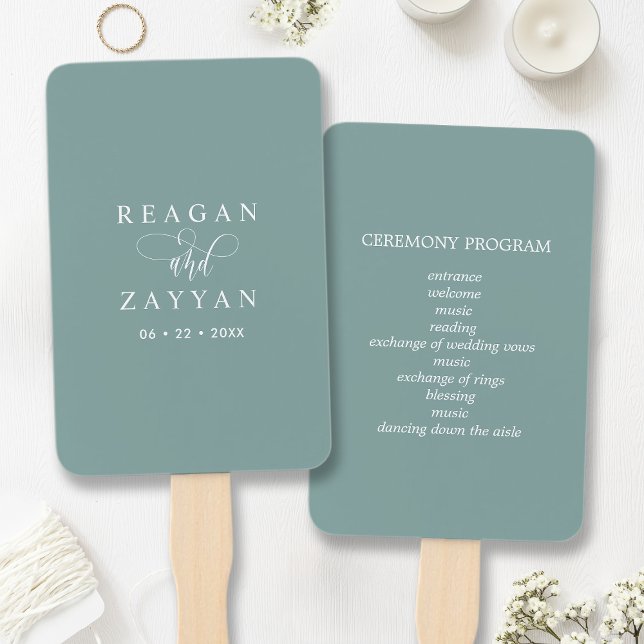 Abanico Programa de boda con letra minúscula en azul verdo (Subido por el creador)