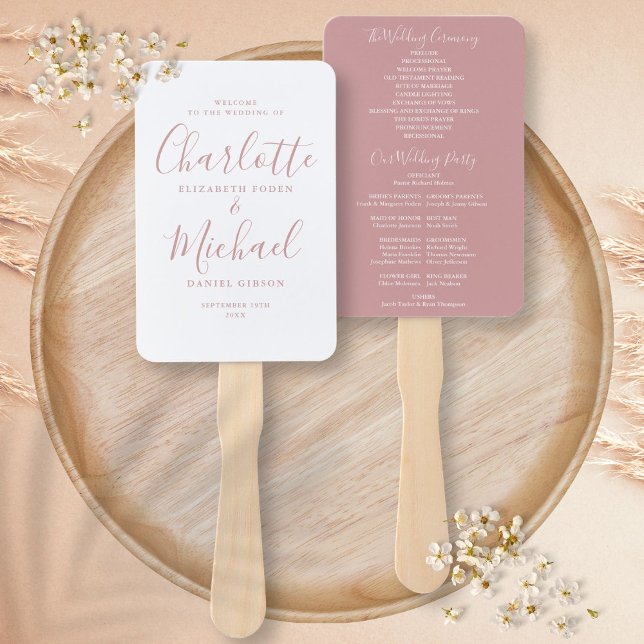 Abanico Programa de Boda con Letra Moderna Dusty Rose (Modern Script Dusty Rose Wedding Program Hand Fan)
