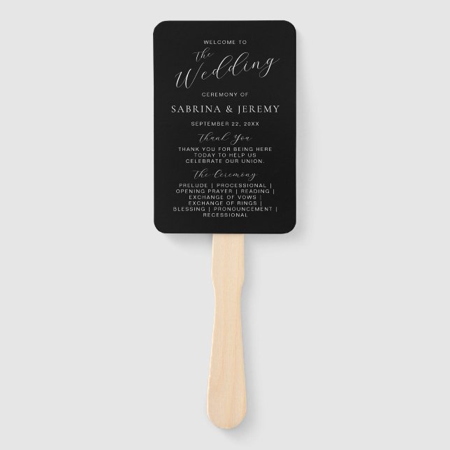 Abanico Programa de Boda con Letra Moderna en Blanco y Neg (Anverso)