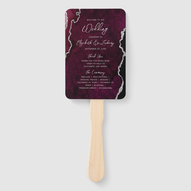 Abanico Programa de Boda con Letra Script Burgundy Silver  (Anverso)