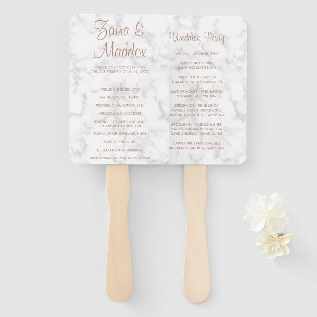 Abanico Programa de Boda con Letra Script Moderno Mármol R (Anverso y reverso)