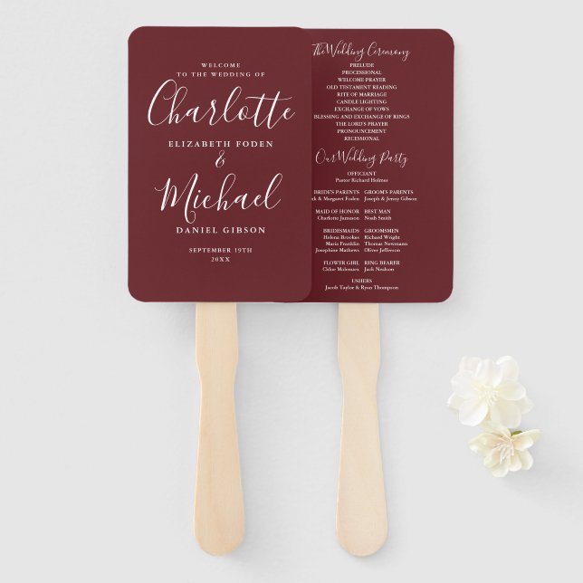 Abanico Programa de Boda con Letra Script Signature Rosa R (Anverso y reverso)