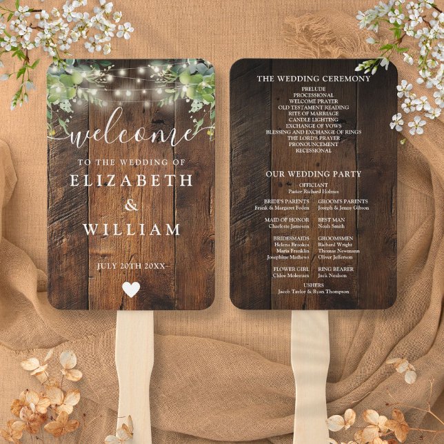 Abanico Programa de Boda con Luces de Cuerda de Madera Rús (Rustic Wood String Lights Greenery Wedding Program Hand Fan)