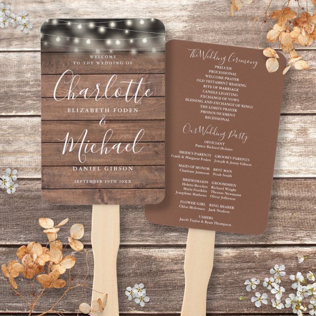Abanico Programa de Boda con Luces de Cuerda de Madera Rús (Rustic Wood String Lights Script Wedding Program Hand Fan)